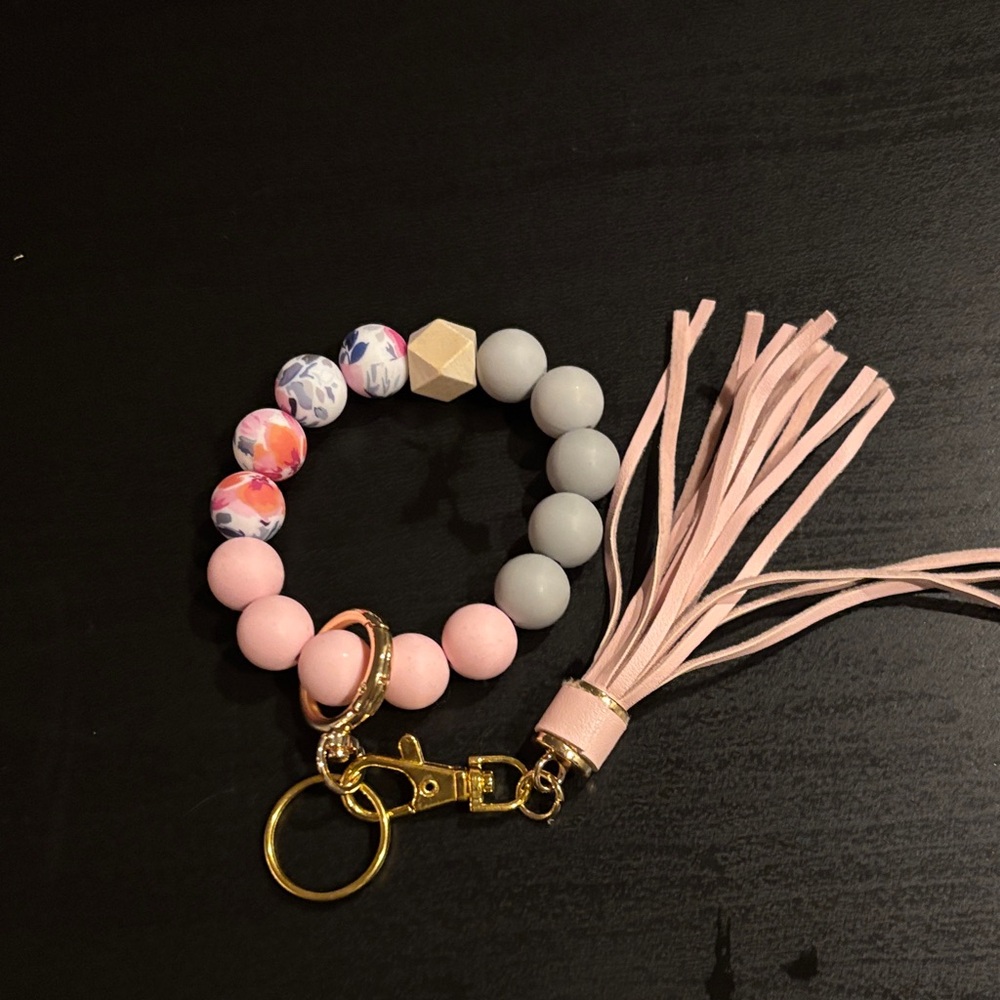 Pink and Gray Beaded Keychain Bracelet with Tassel